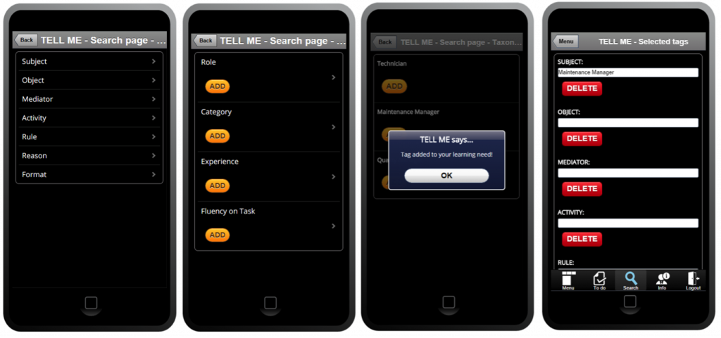 TELL ME Mobile UI – taxonomy tree tag selection