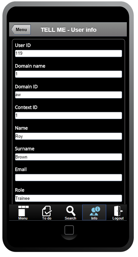 TELL ME Mobile UI – user info